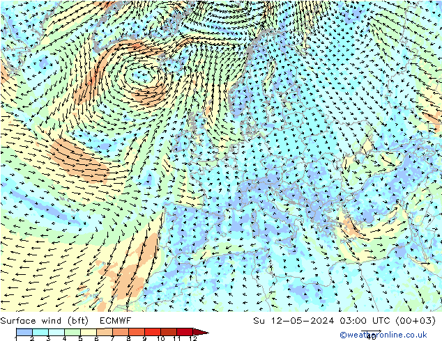 Bodenwind (bft) ECMWF So 12.05.2024 03 UTC