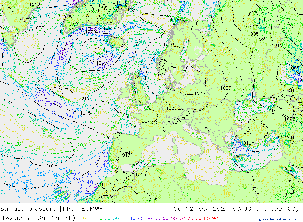 Isotachen (km/h) ECMWF zo 12.05.2024 03 UTC