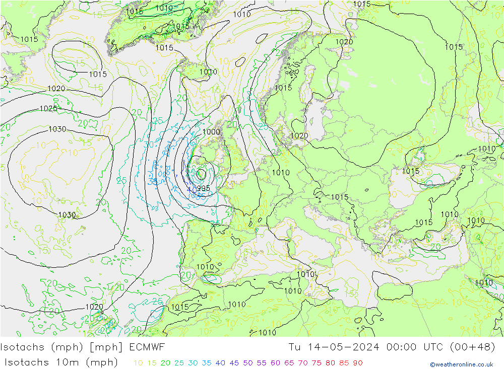 Isotachs (mph) ECMWF mar 14.05.2024 00 UTC