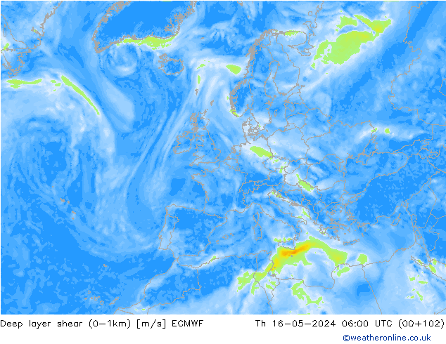 Deep layer shear (0-1km) ECMWF Do 16.05.2024 06 UTC