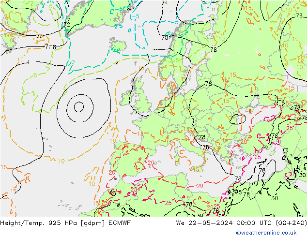 Height/Temp. 925 hPa ECMWF mer 22.05.2024 00 UTC