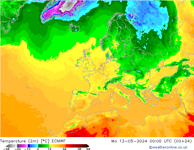Temperatura (2m) ECMWF Seg 13.05.2024 00 UTC