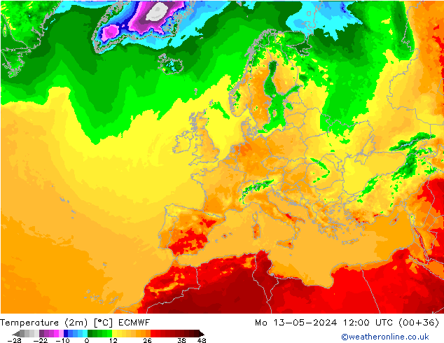 Temperature (2m) ECMWF Mo 13.05.2024 12 UTC