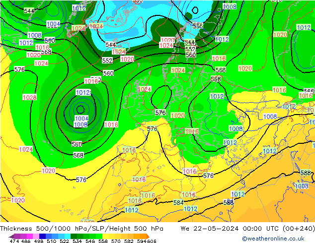 Dikte 500-1000hPa ECMWF wo 22.05.2024 00 UTC