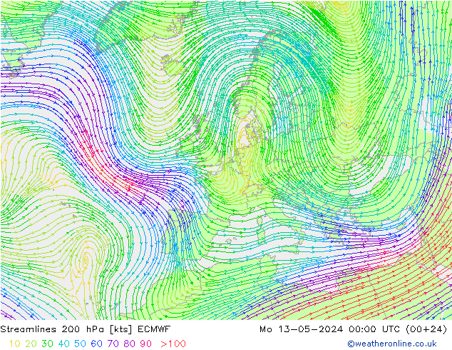 Linea di flusso 200 hPa ECMWF lun 13.05.2024 00 UTC