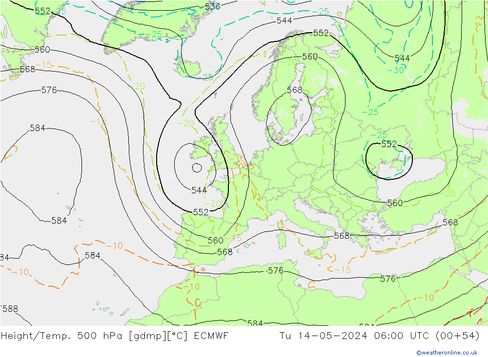 Z500/Rain (+SLP)/Z850 ECMWF Di 14.05.2024 06 UTC