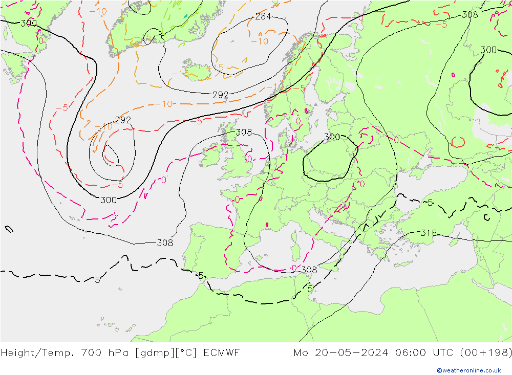 Height/Temp. 700 hPa ECMWF Mo 20.05.2024 06 UTC