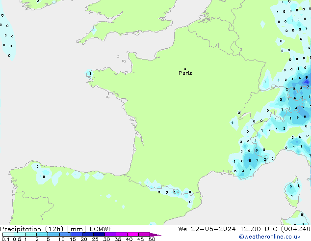 Precipitation (12h) ECMWF We 22.05.2024 00 UTC