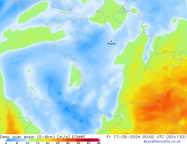 Deep layer shear (0-6km) ECMWF Fr 17.05.2024 00 UTC