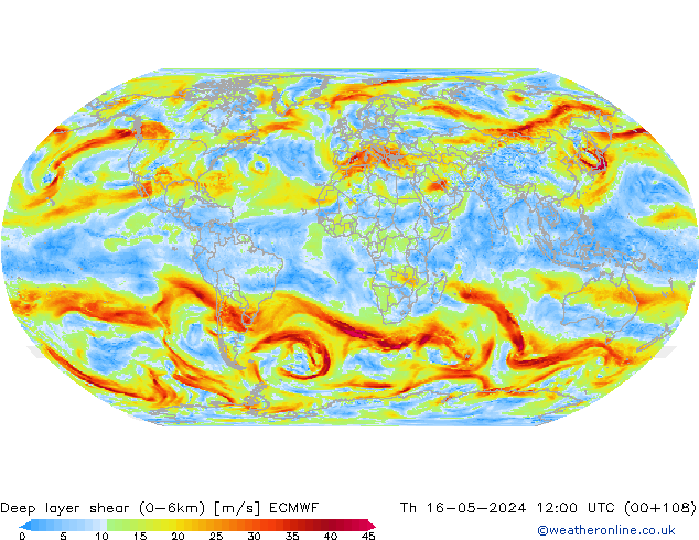 Deep layer shear (0-6km) ECMWF czw. 16.05.2024 12 UTC