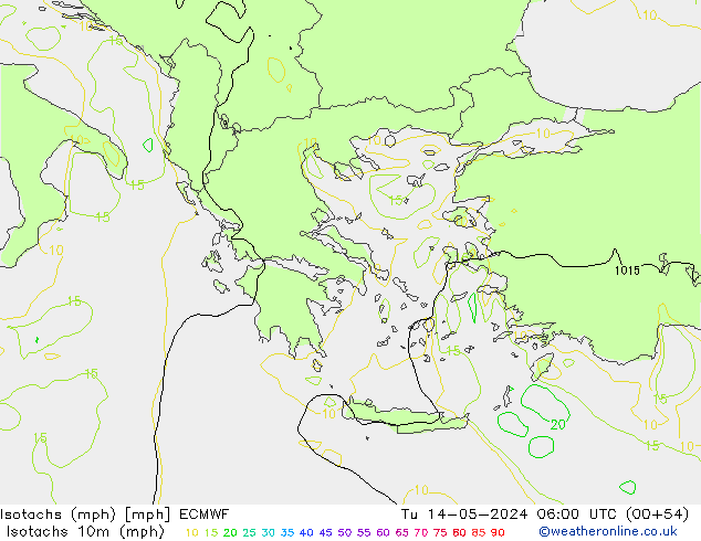 Isotachs (mph) ECMWF mar 14.05.2024 06 UTC