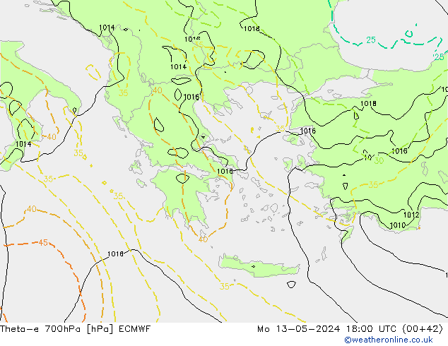 Theta-e 700hPa ECMWF Mo 13.05.2024 18 UTC