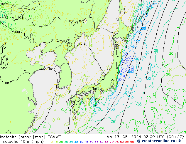 Isotachs (mph) ECMWF Mo 13.05.2024 03 UTC