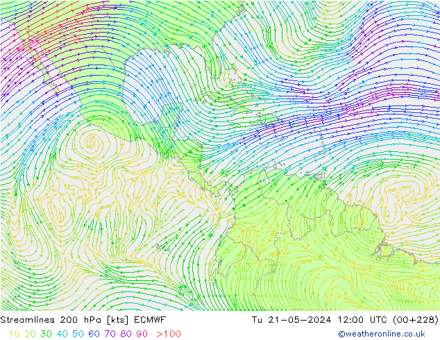 Linha de corrente 200 hPa ECMWF Ter 21.05.2024 12 UTC