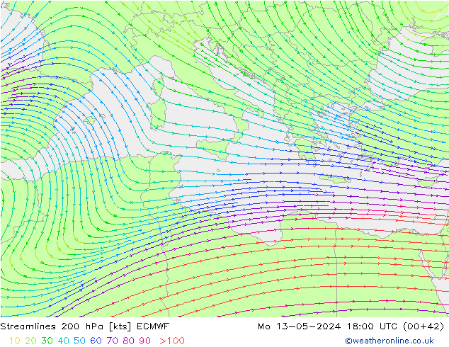 Rüzgar 200 hPa ECMWF Pzt 13.05.2024 18 UTC