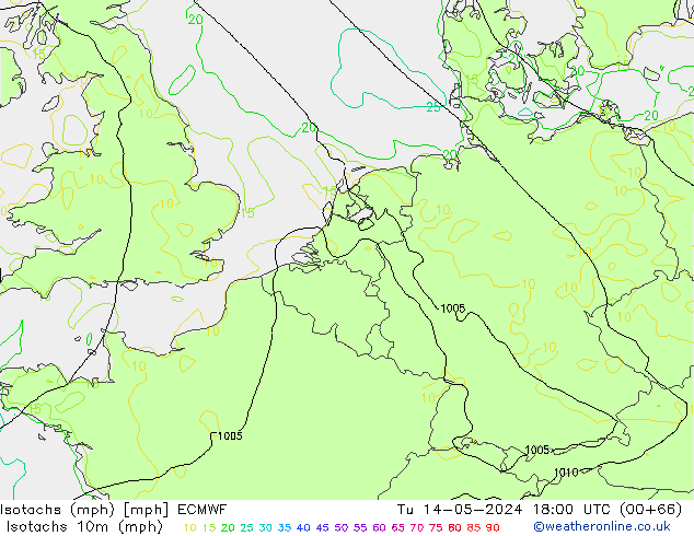 Isotachs (mph) ECMWF вт 14.05.2024 18 UTC