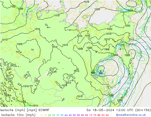 Isotachs (mph) ECMWF сб 18.05.2024 12 UTC