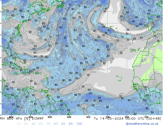 Humidité rel. 850 hPa ECMWF mar 14.05.2024 00 UTC
