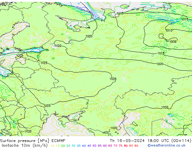 Izotacha (km/godz) ECMWF czw. 16.05.2024 18 UTC