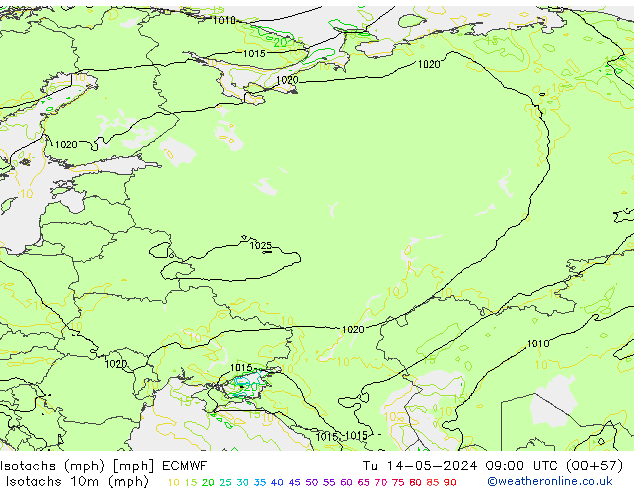 Isotachs (mph) ECMWF Tu 14.05.2024 09 UTC