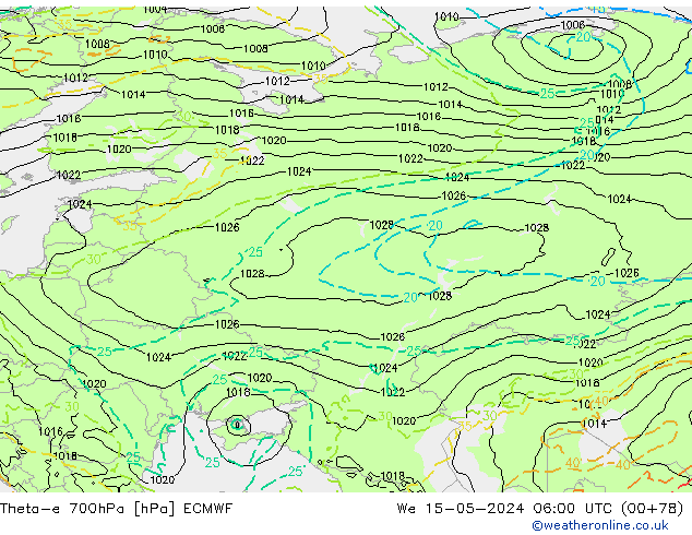 Theta-e 700hPa ECMWF St 15.05.2024 06 UTC