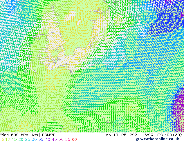 Wind 500 hPa ECMWF Mo 13.05.2024 15 UTC