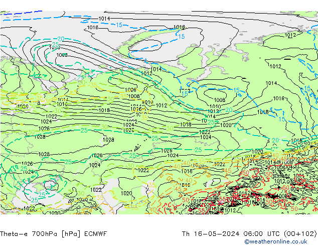 Theta-e 700hPa ECMWF Čt 16.05.2024 06 UTC