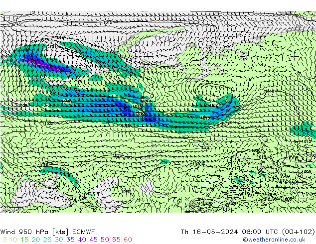 Wind 950 hPa ECMWF Čt 16.05.2024 06 UTC