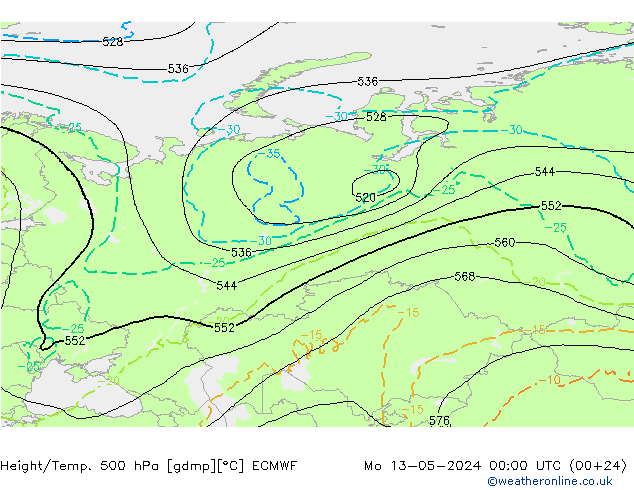Z500/Rain (+SLP)/Z850 ECMWF Mo 13.05.2024 00 UTC