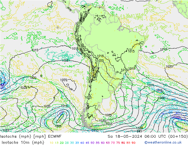 Isotachs (mph) ECMWF sab 18.05.2024 06 UTC