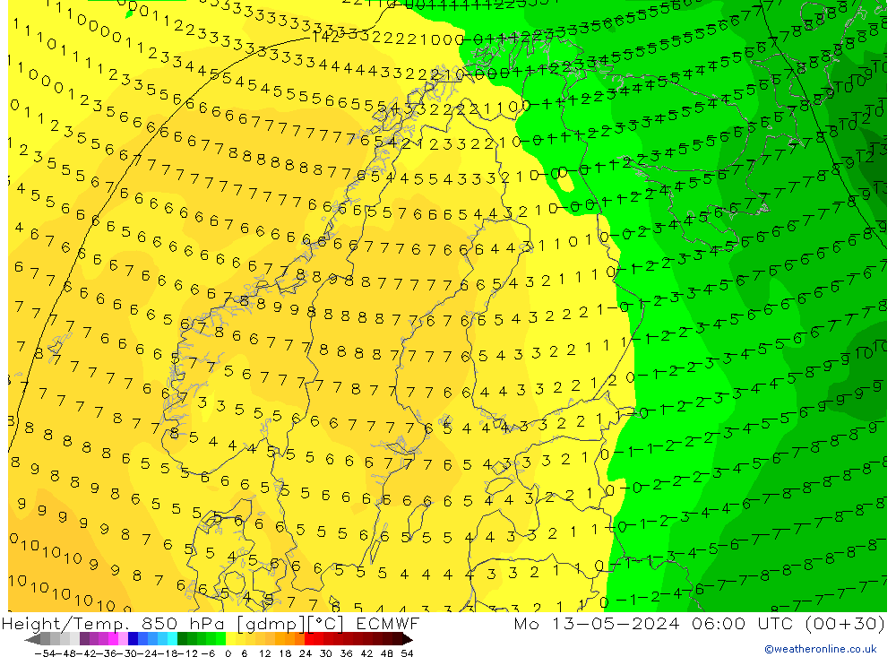 Géop./Temp. 850 hPa ECMWF lun 13.05.2024 06 UTC