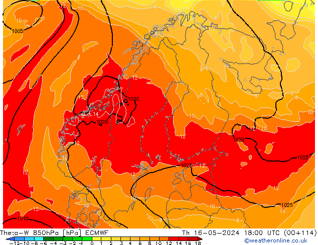 Theta-W 850hPa ECMWF do 16.05.2024 18 UTC