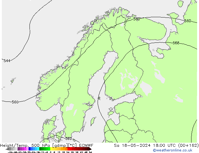 Hoogte/Temp. 500 hPa ECMWF za 18.05.2024 18 UTC