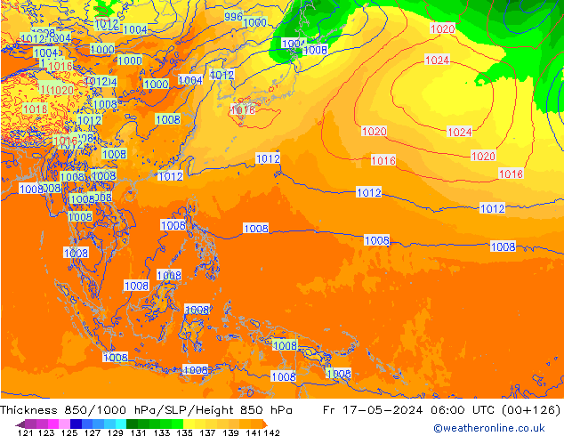 Espesor 850-1000 hPa ECMWF vie 17.05.2024 06 UTC