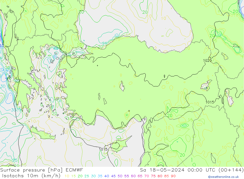 Isotachen (km/h) ECMWF Sa 18.05.2024 00 UTC