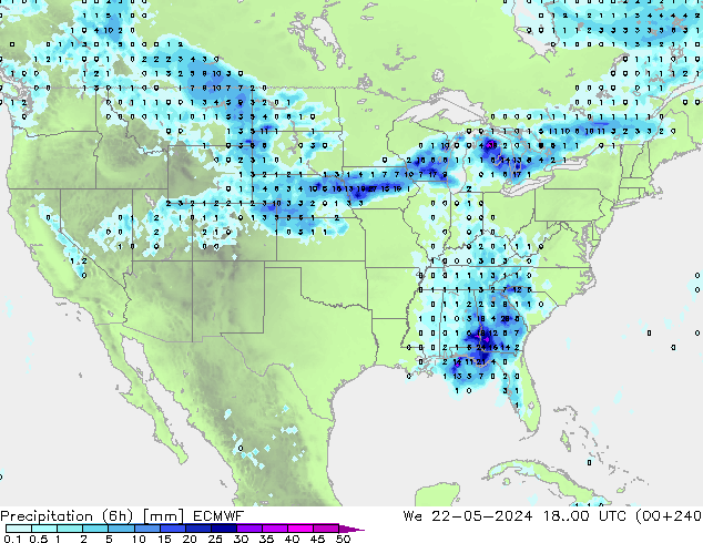 осадки (6h) ECMWF ср 22.05.2024 00 UTC