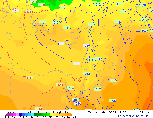 Thck 850-1000 hPa ECMWF lun 13.05.2024 18 UTC