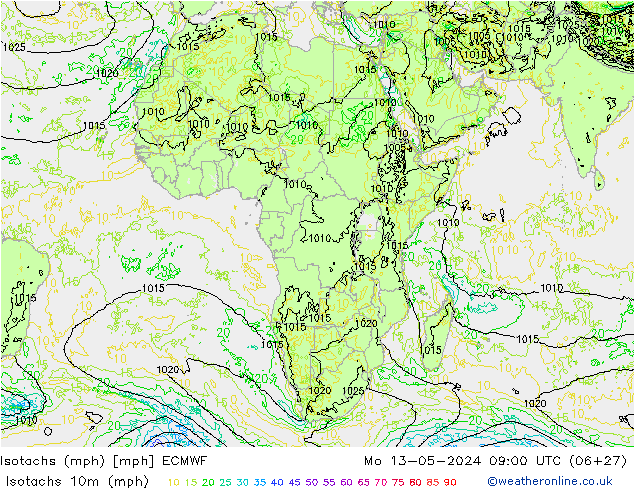 Isotachs (mph) ECMWF пн 13.05.2024 09 UTC