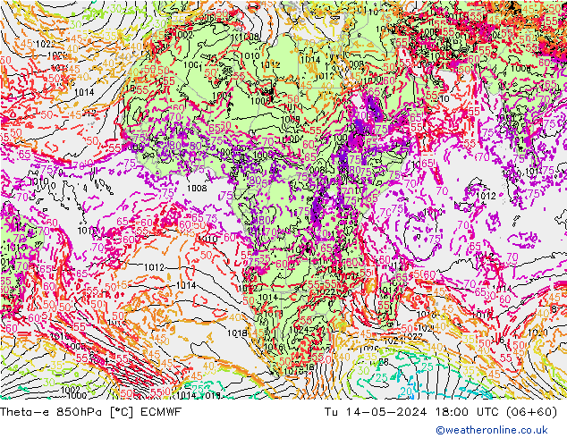 Theta-e 850hPa ECMWF Tu 14.05.2024 18 UTC