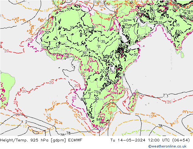 Height/Temp. 925 hPa ECMWF Út 14.05.2024 12 UTC