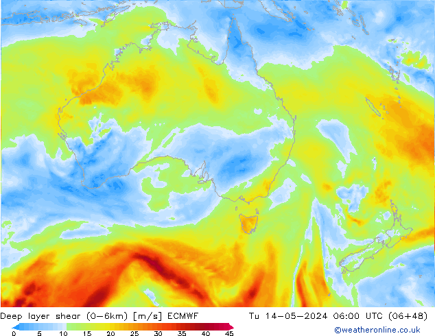 Deep layer shear (0-6km) ECMWF Út 14.05.2024 06 UTC