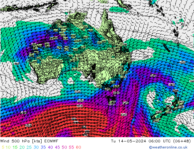 Wind 500 hPa ECMWF Út 14.05.2024 06 UTC