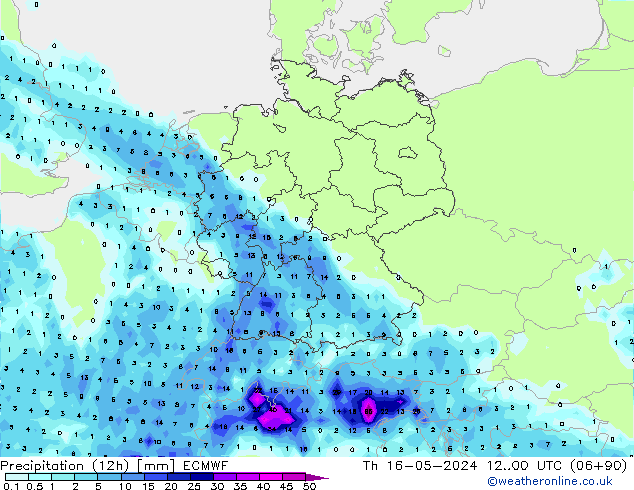 Precipitation (12h) ECMWF Th 16.05.2024 00 UTC