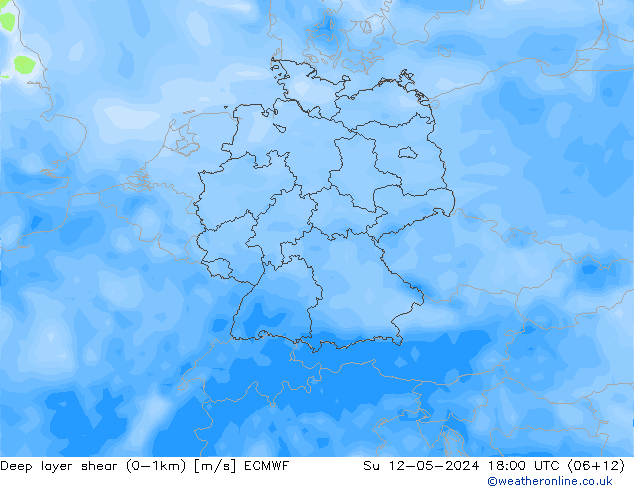 Deep layer shear (0-1km) ECMWF 星期日 12.05.2024 18 UTC