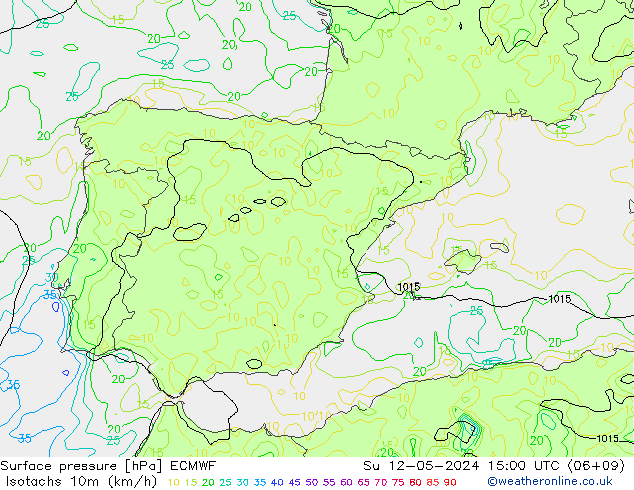 Isotachs (kph) ECMWF Su 12.05.2024 15 UTC