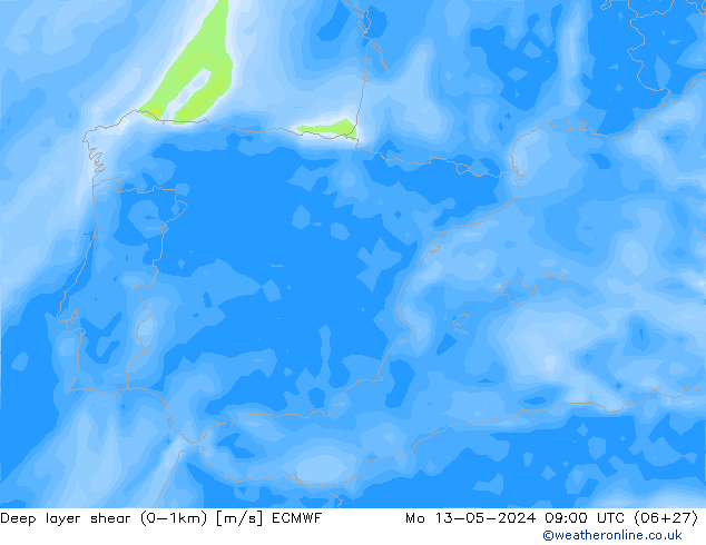 Deep layer shear (0-1km) ECMWF Mo 13.05.2024 09 UTC