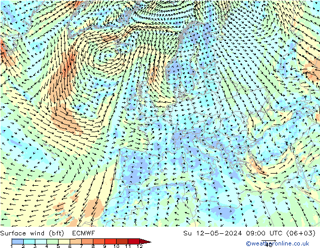 Surface wind (bft) ECMWF Su 12.05.2024 09 UTC