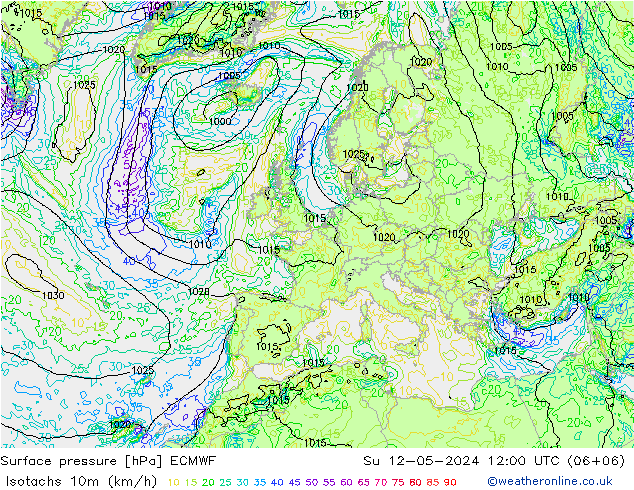 Isotaca (kph) ECMWF dom 12.05.2024 12 UTC