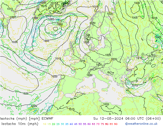 Isotachs (mph) ECMWF 星期日 12.05.2024 06 UTC