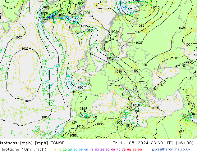 Isotachs (mph) ECMWF чт 16.05.2024 00 UTC